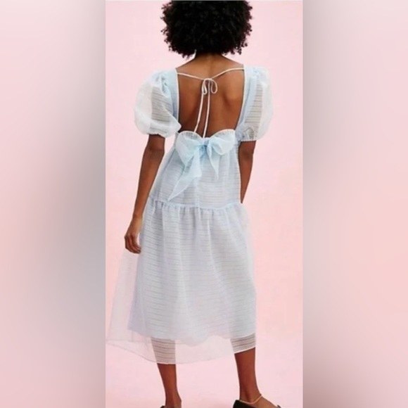 NEW FREE PEOPLE BLUE HAILEY PUFF SLEEVE OPEN BACK MIDI DRESS SIZE 0 - Picture 3 of 3